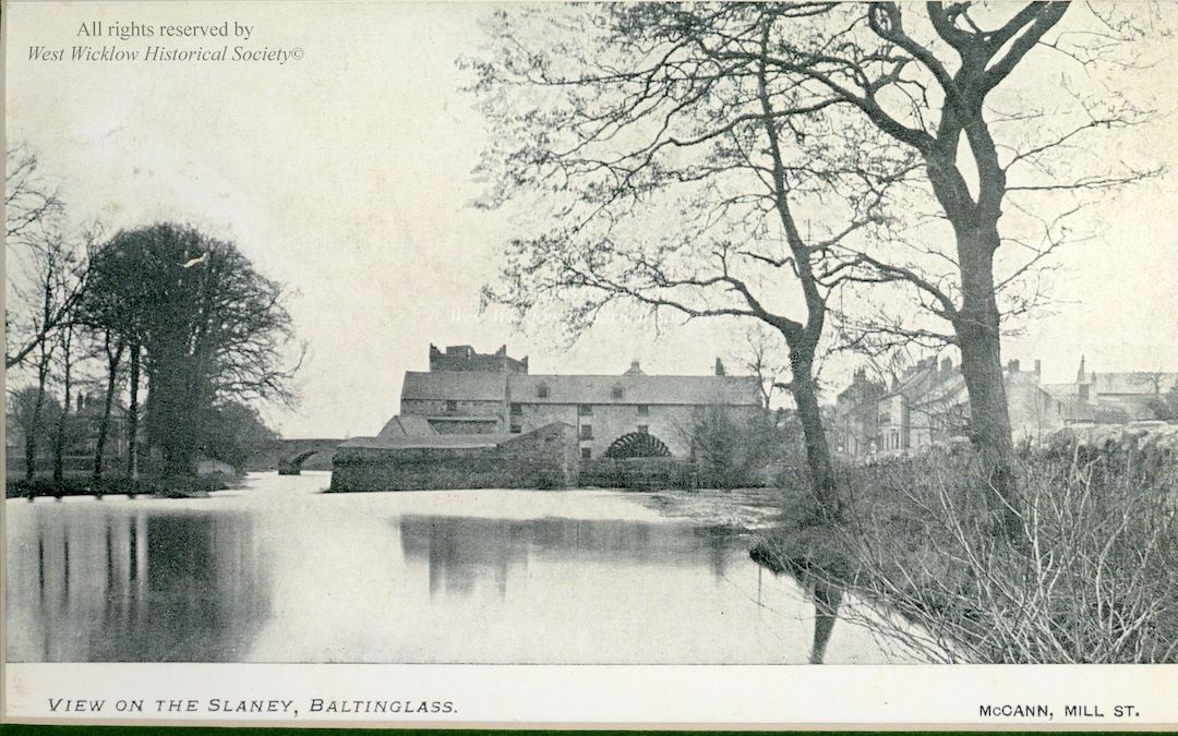 A view of Baltinglass weir in winter-a black and white image from across the river